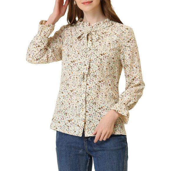 Tie Ruffle Collar Button Down Long Sleeve Floral Blouse autumn - Picture 2 of 6